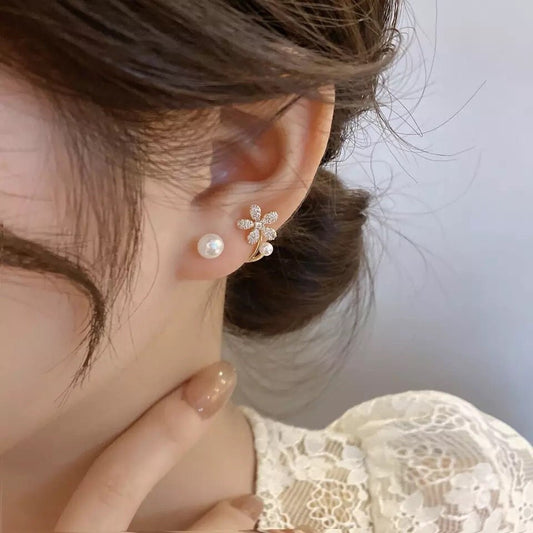 TRENDY Pearl & Flower Ear Jacket Earrings, Minimalist Earring, Stud earring PairDesign, Elegant Personalized Diamond Flower Pearl Earrings